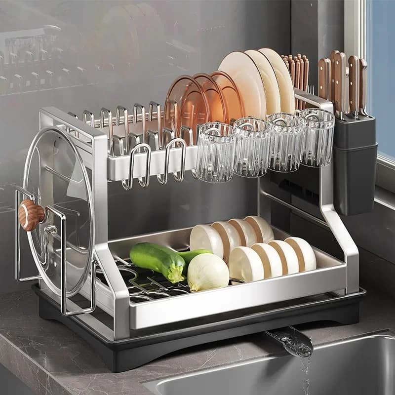 Scaffale da Cucina Multifunzionale a 2 Livelli in Acciaio Inossidabile, Scolapiatti per Utensili da Tavola, Porta Utensili, Porta Piatti, Porta Ciotole, Porta Vassoi, Scolapiatti