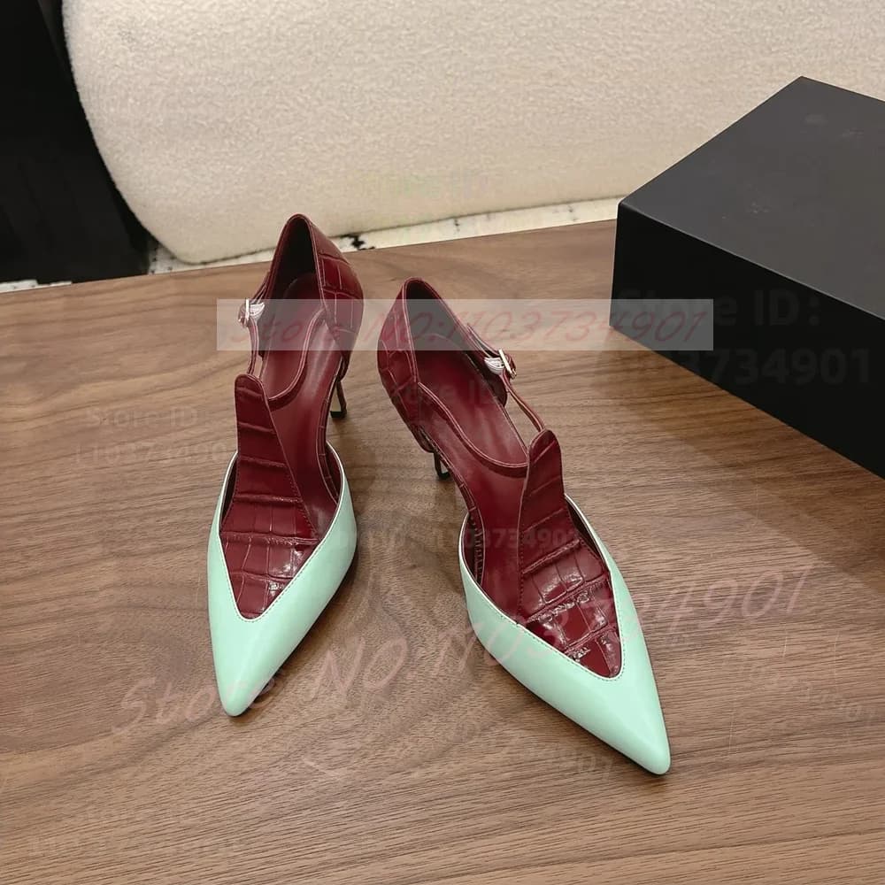 Two Tone Slender Strap Pointed Toe Sandals Women Wine-Red Stone Pattern T-bar Patchwork High Heels Sexy Elegant Dress Sandals