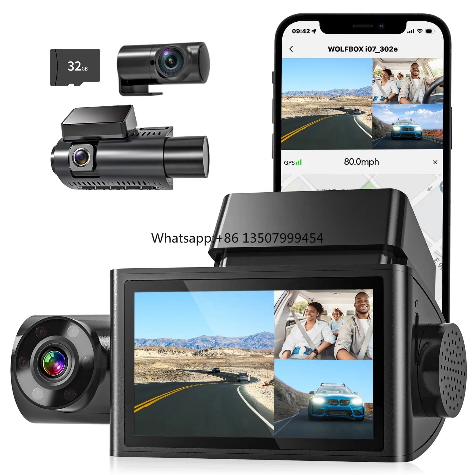 Dash Cam 4K to 3 Channels with WIFI and Free TF Card, Car Recorder with Front Cameras, Interior and Back