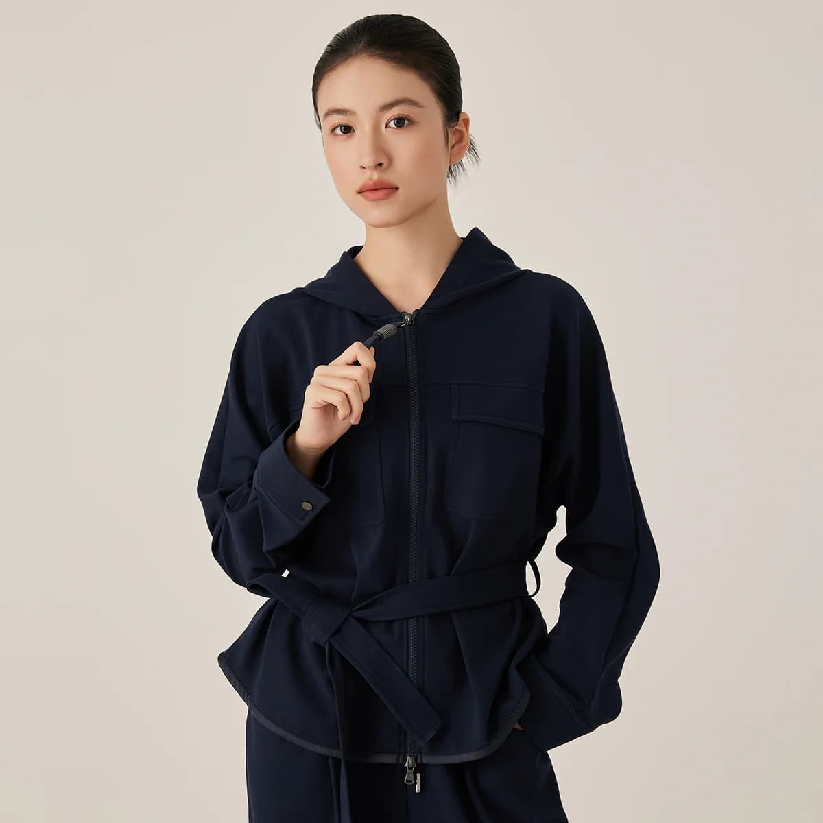 KL7523370 Giacca casual da donna in misto cotone con cerniera e cappuccio a maniche lunghe con cintura Abbigliamento autunnale stile atletico
