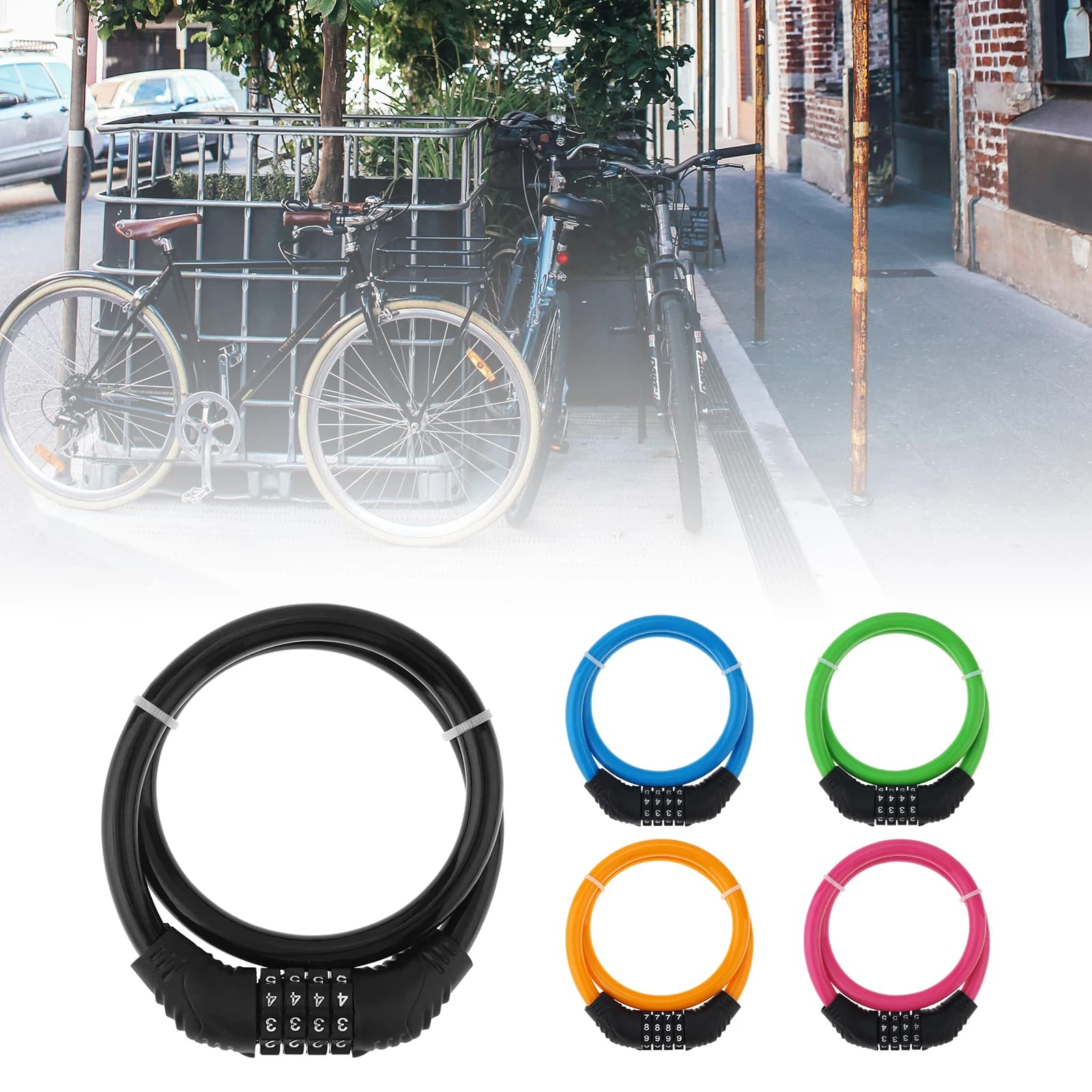 1 pezzo combinazione a 4 cifre password ciclismo sicurezza bici cavo per bicicletta lucchetto a catena in filo di acciaio 5 colori opzionali