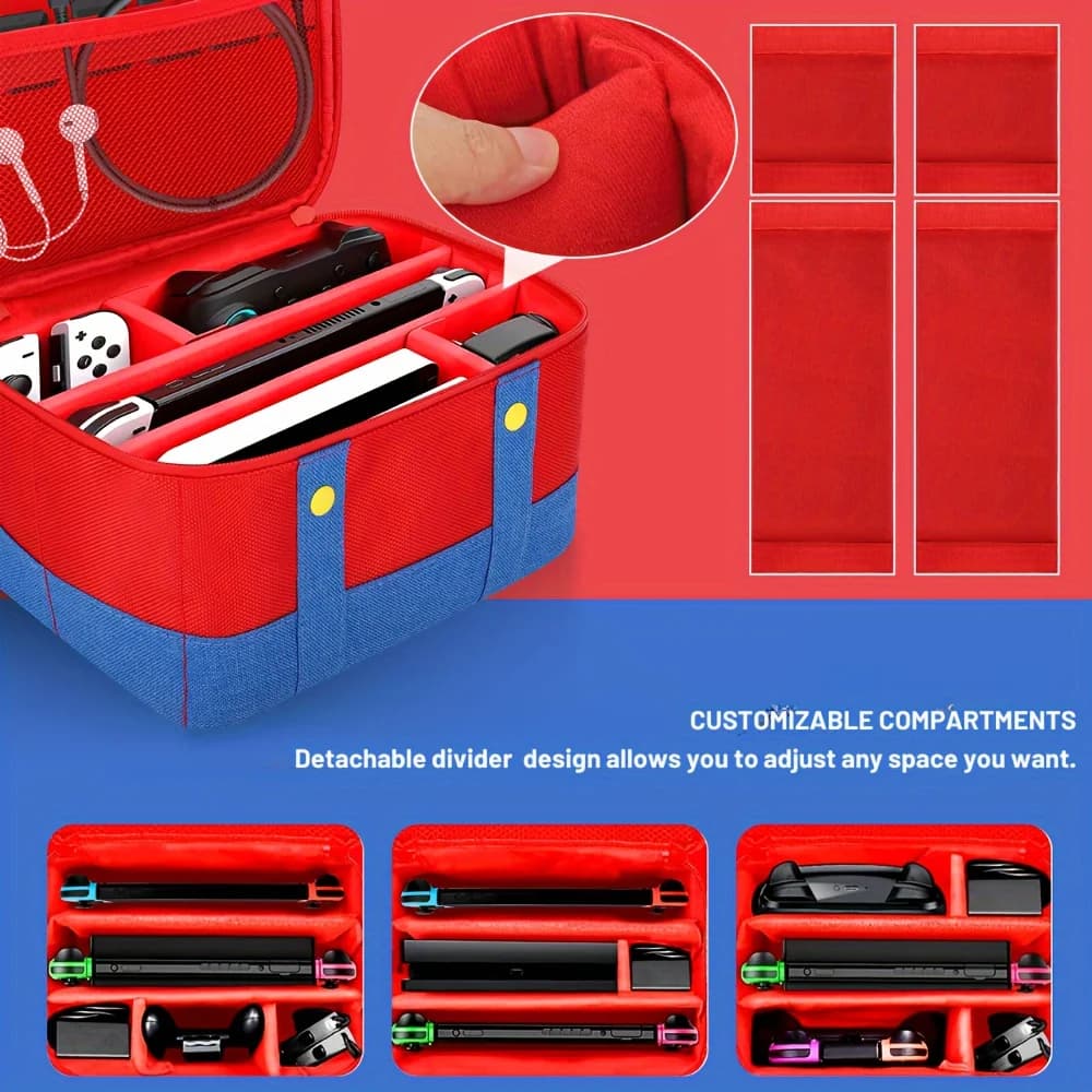 Borsa da viaggio rossa/blu per set completo di accessori Switch 2, borsa portaoggetti super capiente per console di gioco OLED