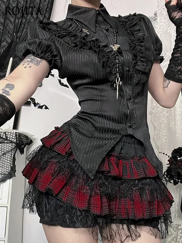 Set gonna Lolita gotica a quadri neri e rossi, completo Lolita punk gotico, top a maniche corte, abito subculturale stile Spice Girl, gonna a sbuffo