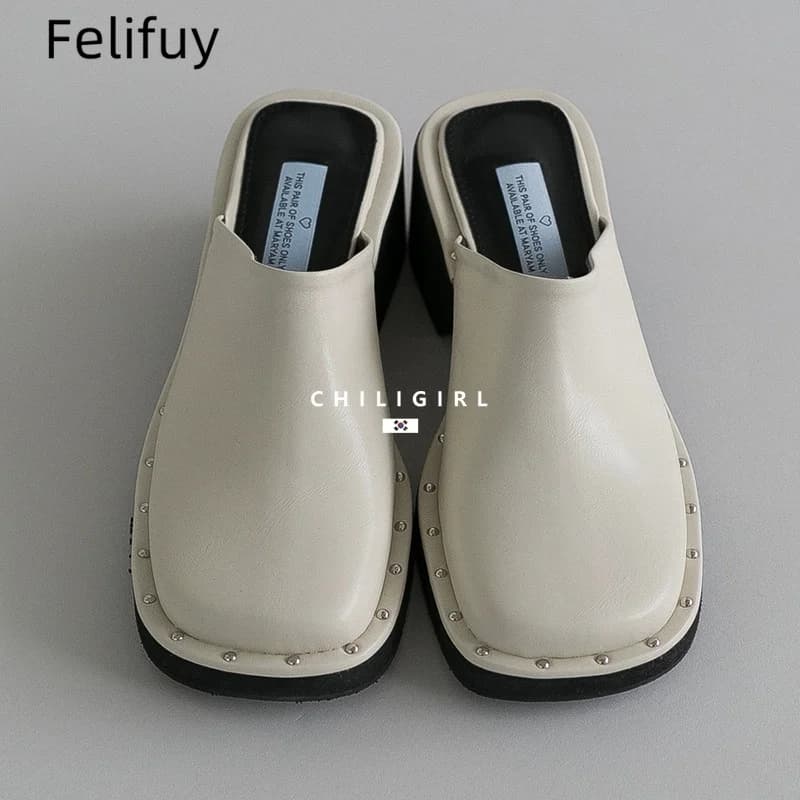 Summer New Square Toe High-heeled Slippers Womens Outside Wear Rivets Casual Slides 7Cm Fashion Chunky Heel Sandals