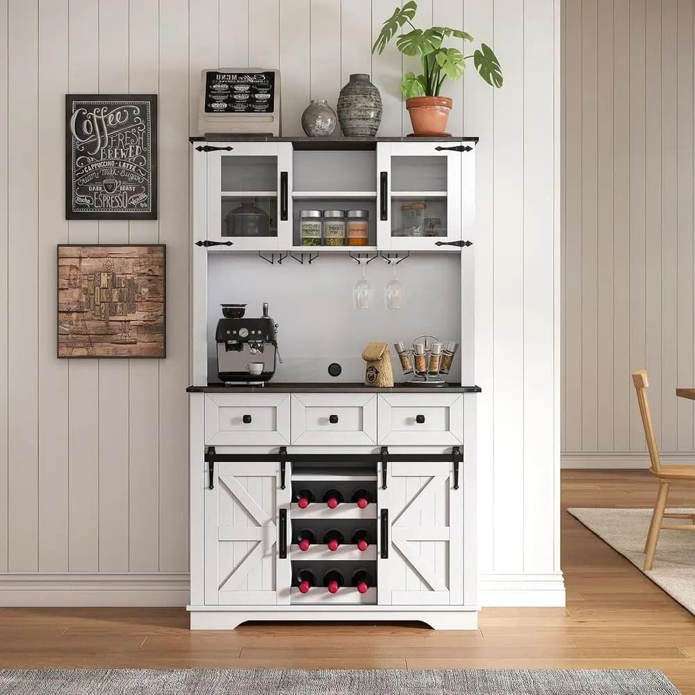 Coffee Bar Wine Cabinet, Hutch Buffet Cabinet with Wine & Glass Rack, Sliding Barn Door, Rustic White Tall Sideboard for Kitchen