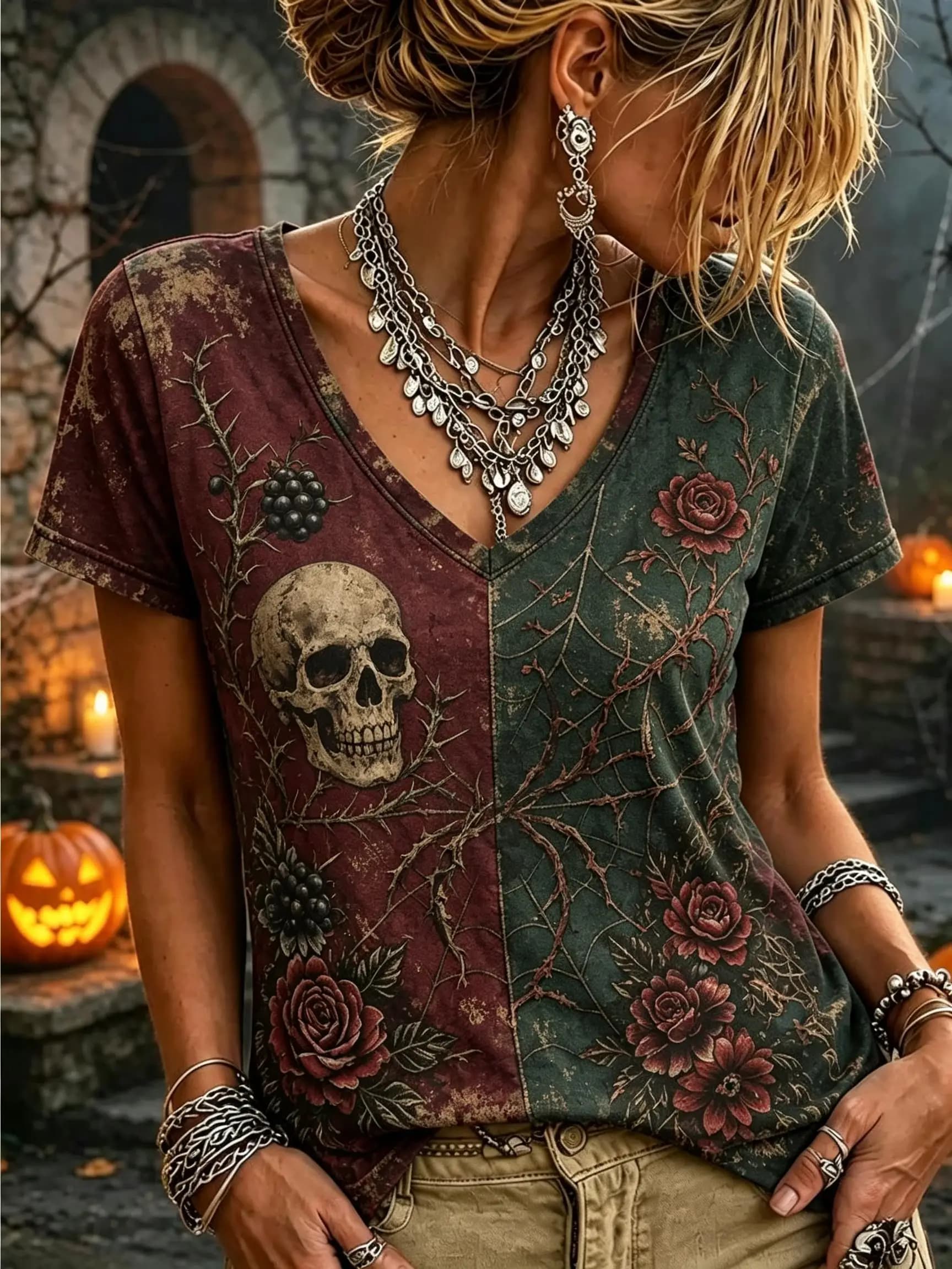 Women Halloween Gothic Split Print T Shirt V Neck Short Sleeve Casual Tops Ghost Castle Skull Spider Web Crow Rose Pattern Tees
