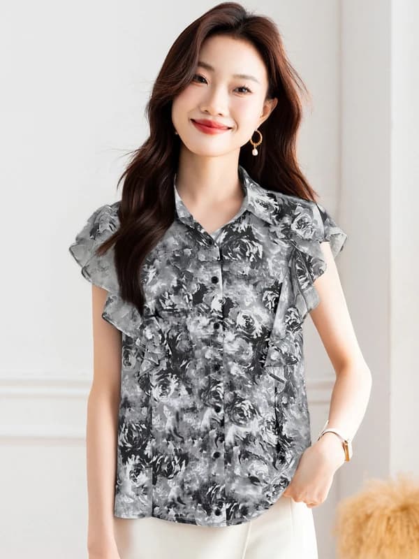 Retro Floral Lace Short Sleeve Women's Summer New Loose Design Sense Color Block Shirts Casual Breathable Polyester Blouse