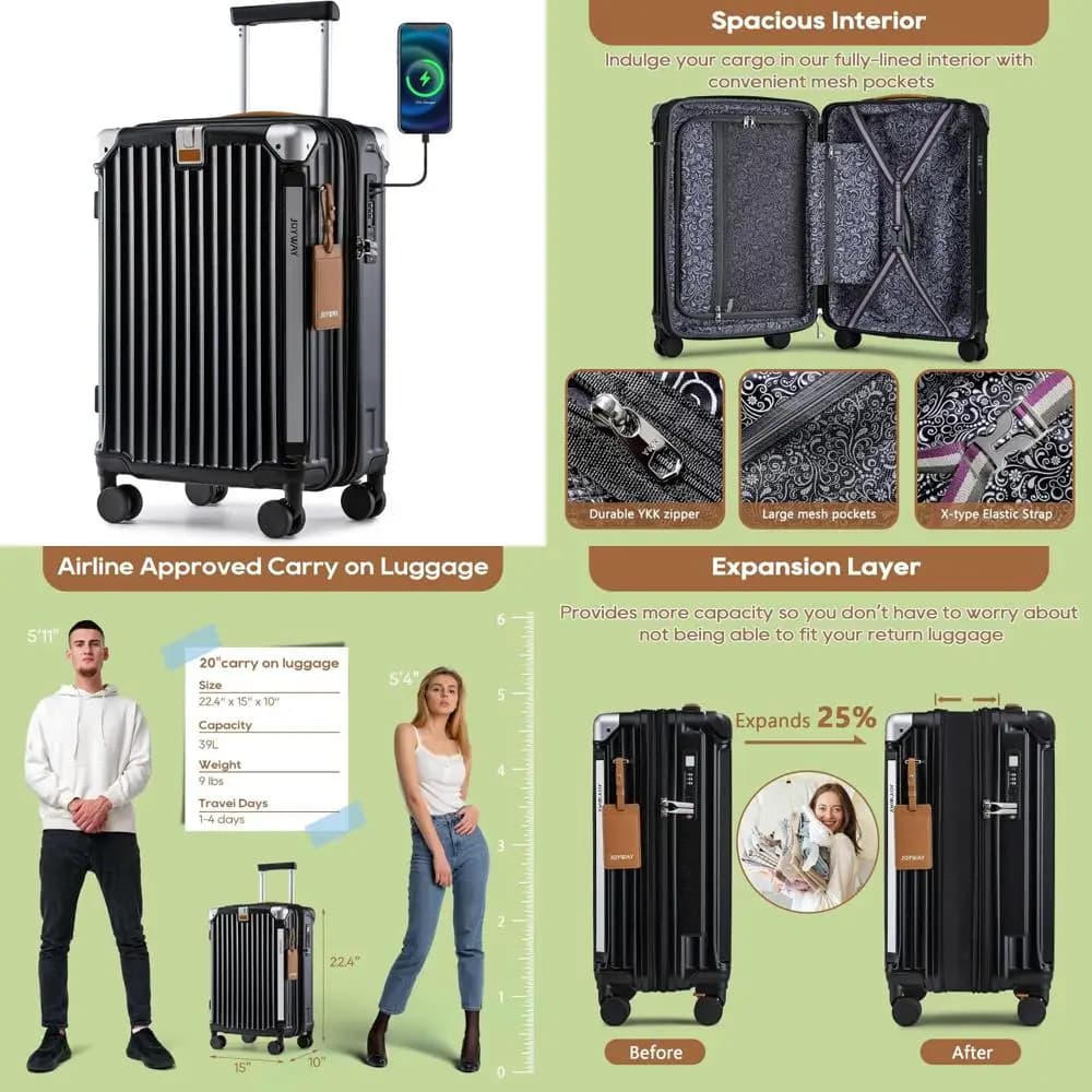 Valigia rigida espandibile con portabicchieri intelligente, porta USB e lucchetto TSA - Bagagli da 20 pollici per i viaggi