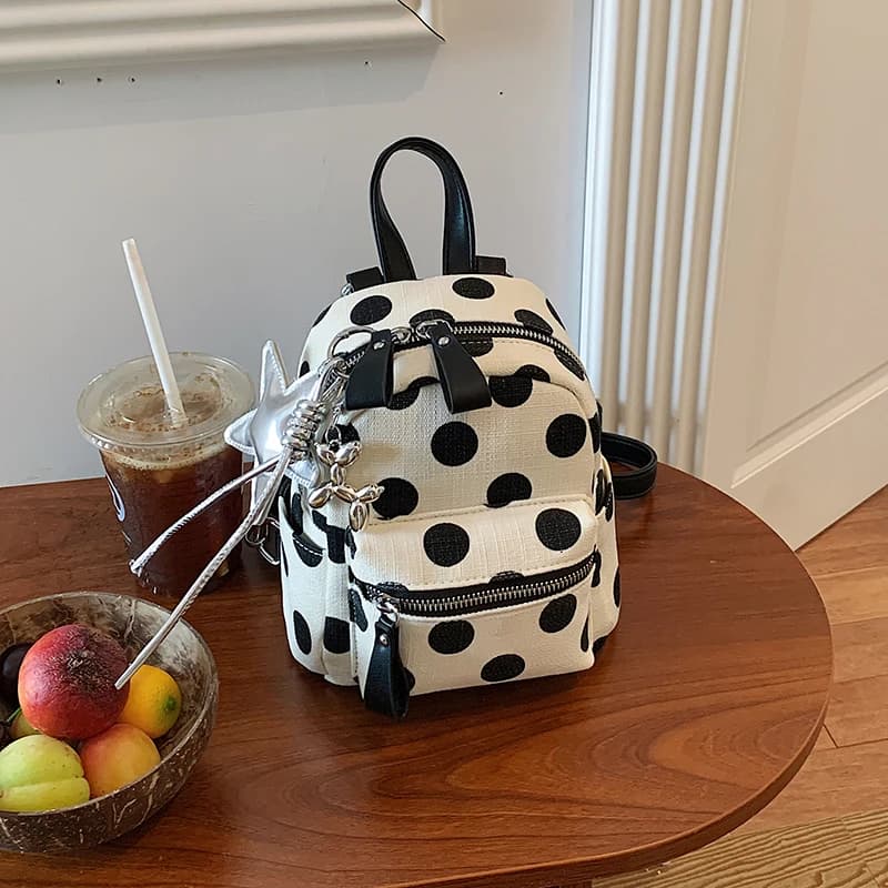 Y2K Kawaii Beige Black Polka Dot Mini Backpack Canvas Small Rucksack With Silver Star Pendant Girls Trendy School Shoulder Bag