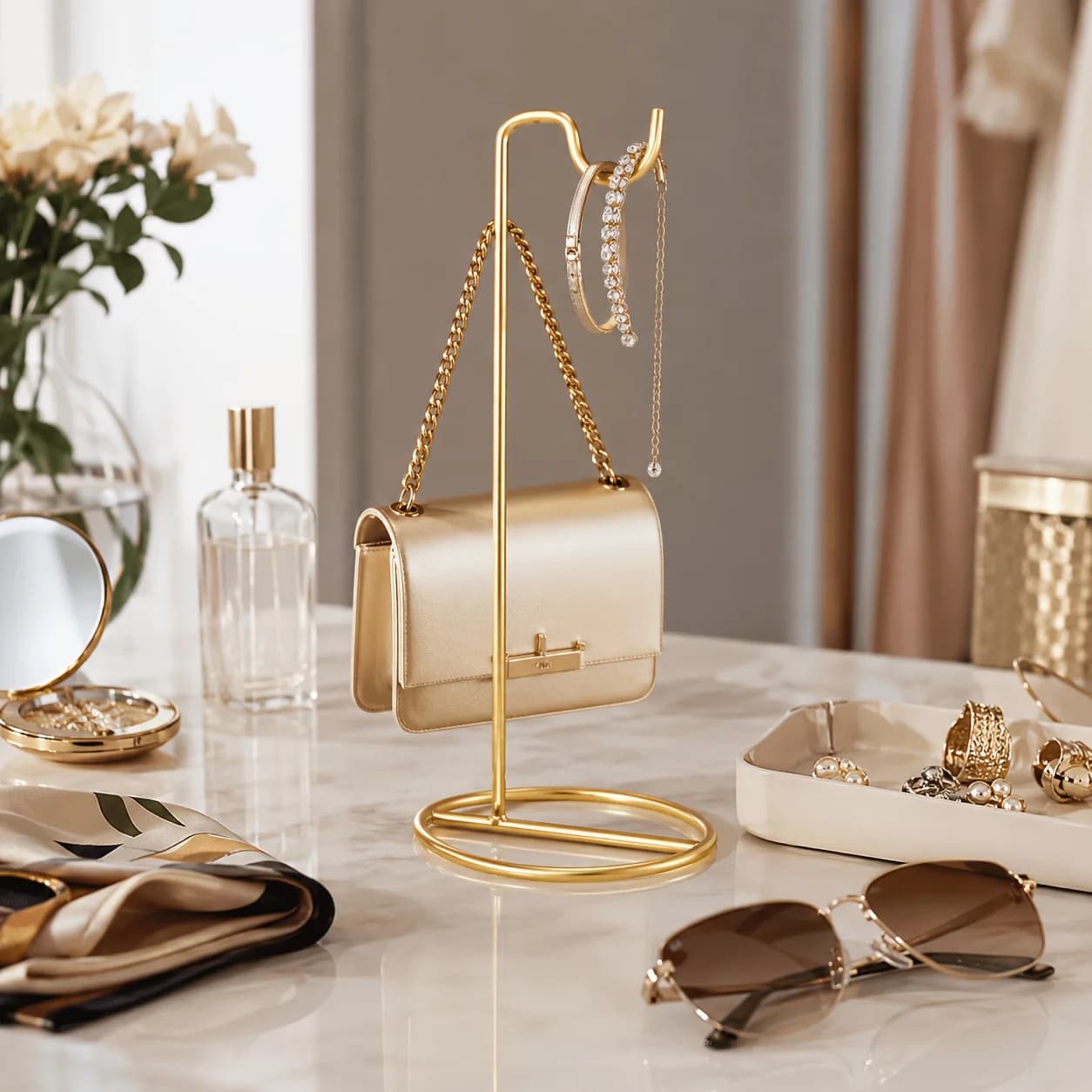 Purse Holder Handbag Display Stand: Hanger Rack Showing Bags, Purses, and Wreath, Adjustable Hook Stand for Tabletop, Closet,