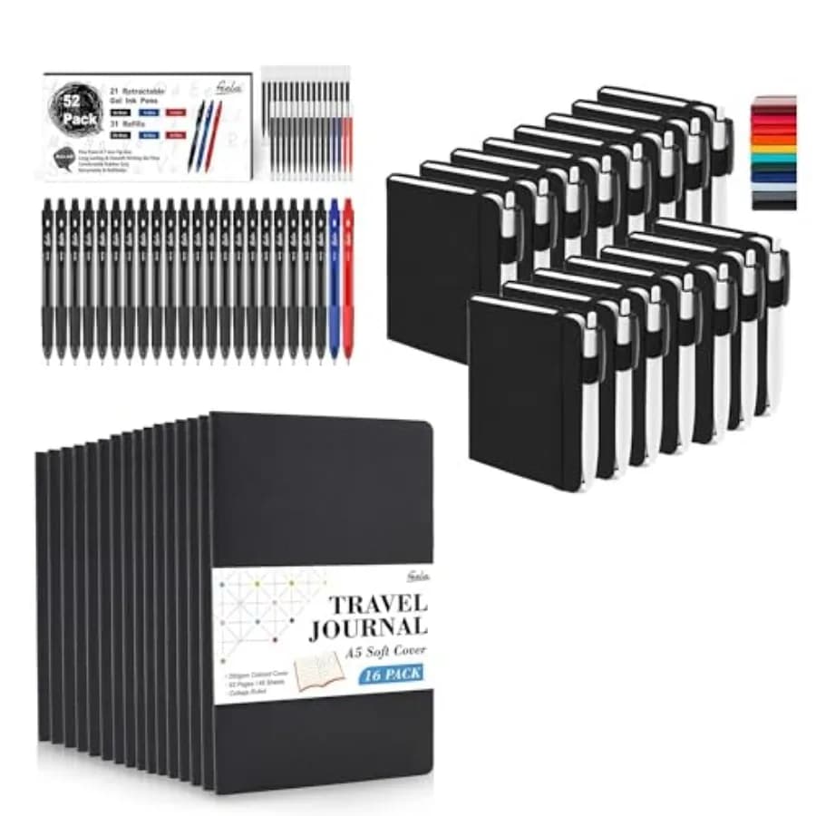Set di 15 Quaderni A6 con Copertina Rigida, 16 Diari con Copertina Morbida, 52 Penne Gel a Inchiostro Nero Retrattili