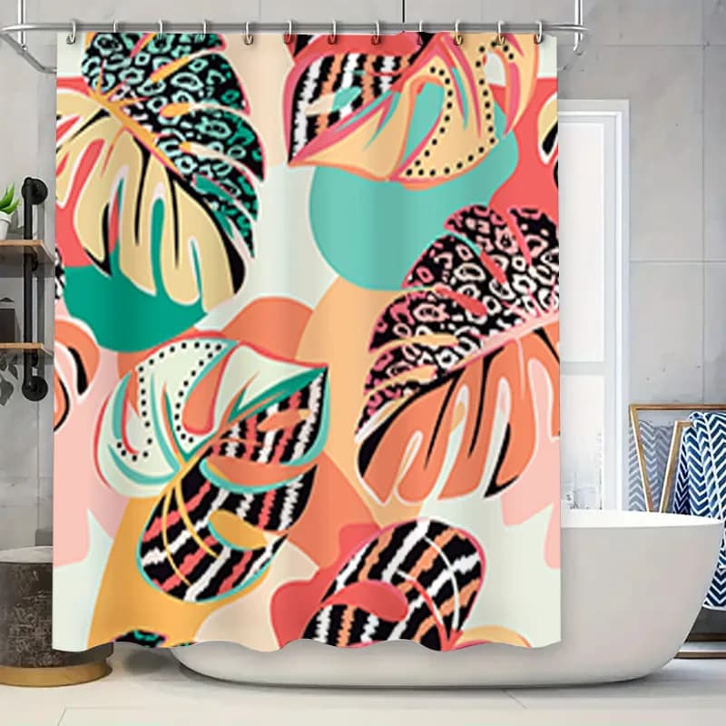 Tenda da doccia con stampa animalier, foglie tropicali, design dai colori vivaci per l'arredamento del bagno