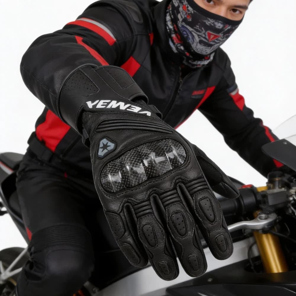 Guanti da Moto VEMAR VE-313 in Vera Pelle per Uomo, Antivento, Touch Screen, Lunghi per Motocross e Dirt Bike