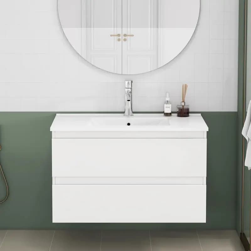 Lavabo da bagno combinato da 31,5 pollici con 2 cassetti spaziali, chiusura ammortizzata, design senza maniglie, facile montaggio, bianco lucido