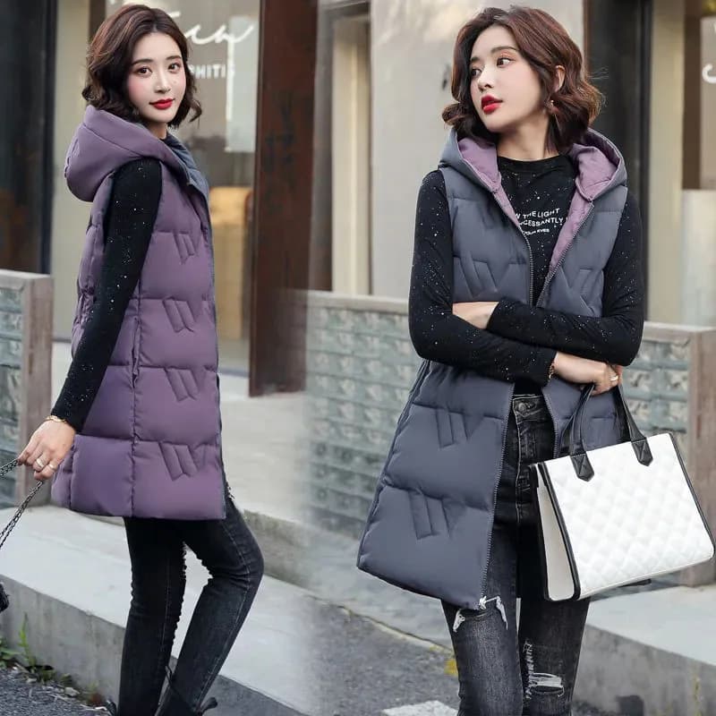 Gilet lungo in cotone con cappuccio da donna, gilet imbottito, double-face, piumino, caldo, donna, nuovo, autunno, inverno