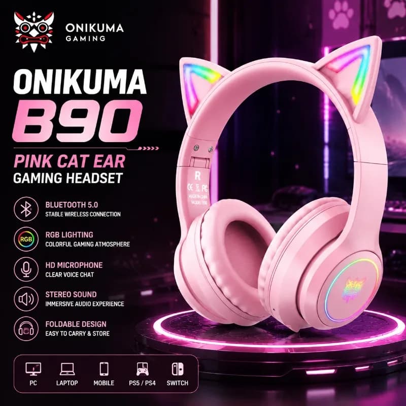Onikuma B90 Pink Cat Ear Gaming Headset RGB Bluetooth 5.0 Wireless Headphones Foldable Design HD Mic For PC Laptop Mobile Gamer