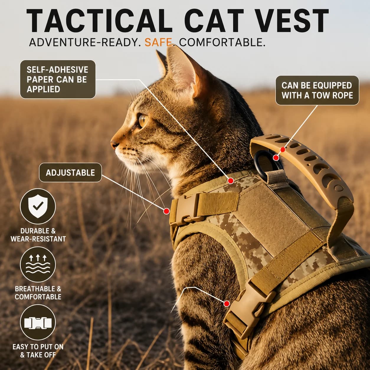 Tactical Cat Harness Vest with Leash & Grooming Glove Set, Escape Proof Adjustable Cat Walking Harness, Pet Hair Removal Glove