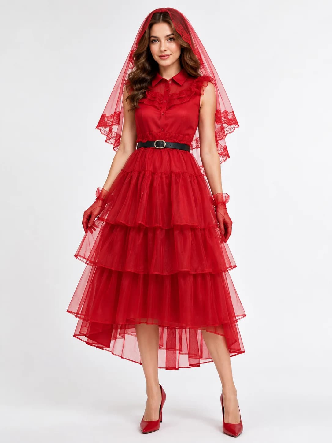 Halloween Red Ghost Bride Costume for Women Lace Short Sleeve Tiered Tulle Dress with Veil Gloves Belt Gothic Cosplay Outfit for Carnival Party