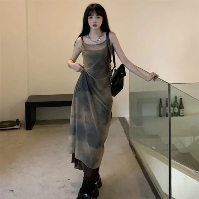 Chic Tie Dye Print Mesh abito lungo donna Summer Boho Spaghetti Strap Maxi abiti 2 pezzi Set Robe Vestidos De Mujer outfits