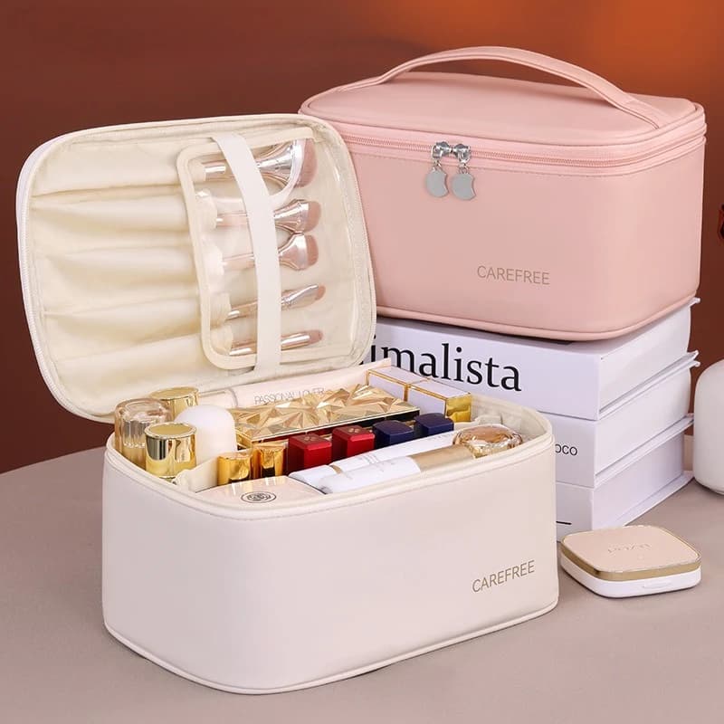Borsa per il trucco di lusso in PU per donna: organizer per cosmetici da viaggio con chiusura a cerniera, ideale per le vacanze e regali