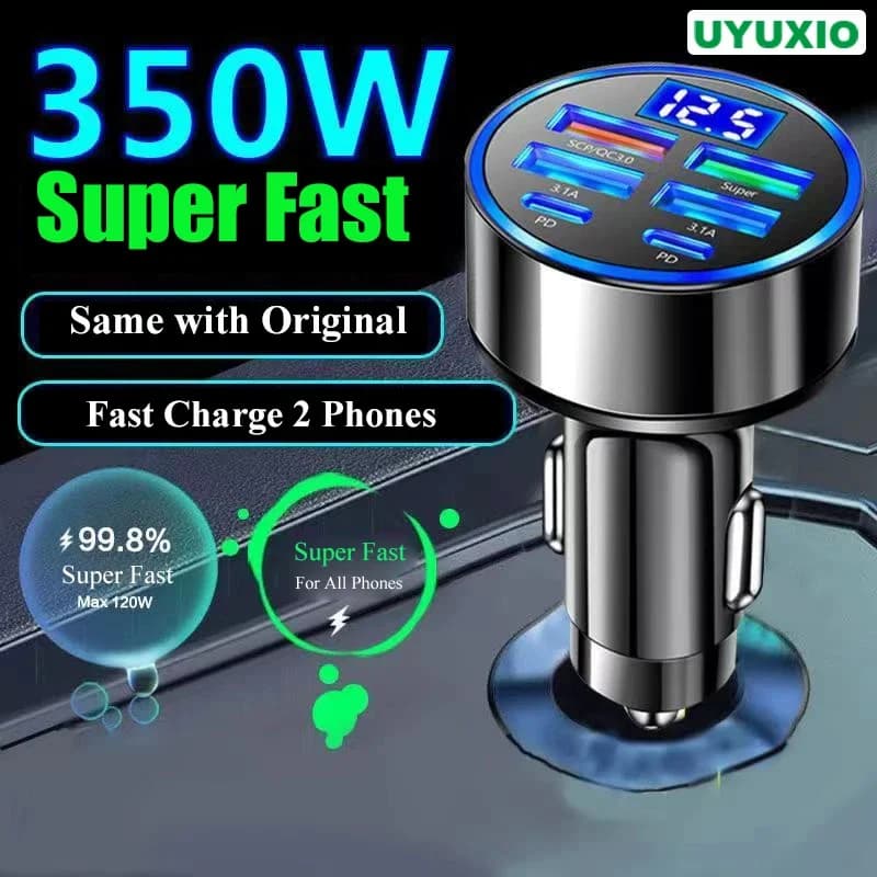 Adattatore per caricabatteria da auto USB C UYUXIO con display di tensione 6 in 1 super veloce in auto per iPhone 16 15 Pro Max Samsung Android Phone