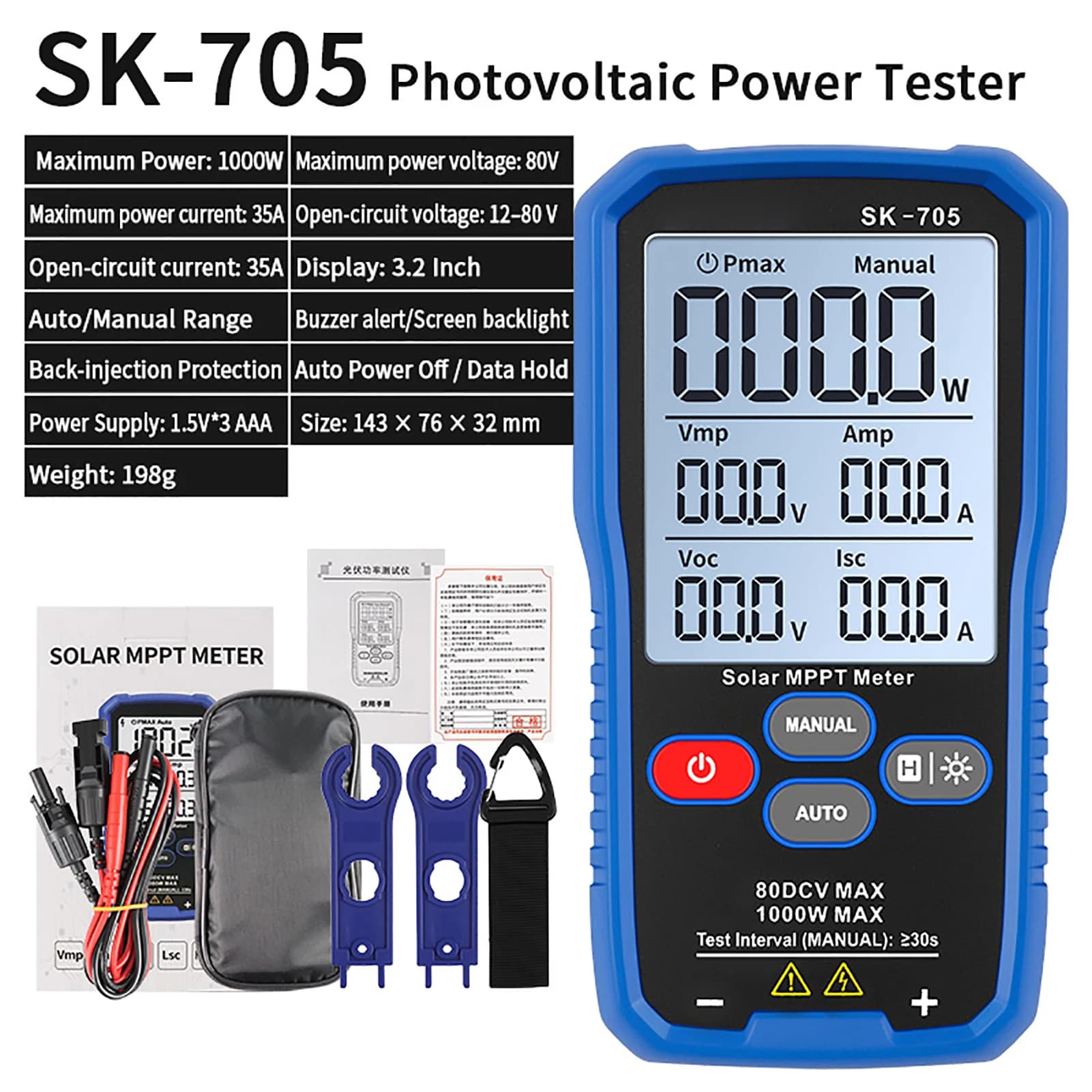 Tester di Potenza per Pannelli Solari SK-705, Analizzatore di Moduli Fotovoltaici con Display Grande da 3,2 Pollici, 4 Punte di Test Multi-Contatto, Gancio per Appendere