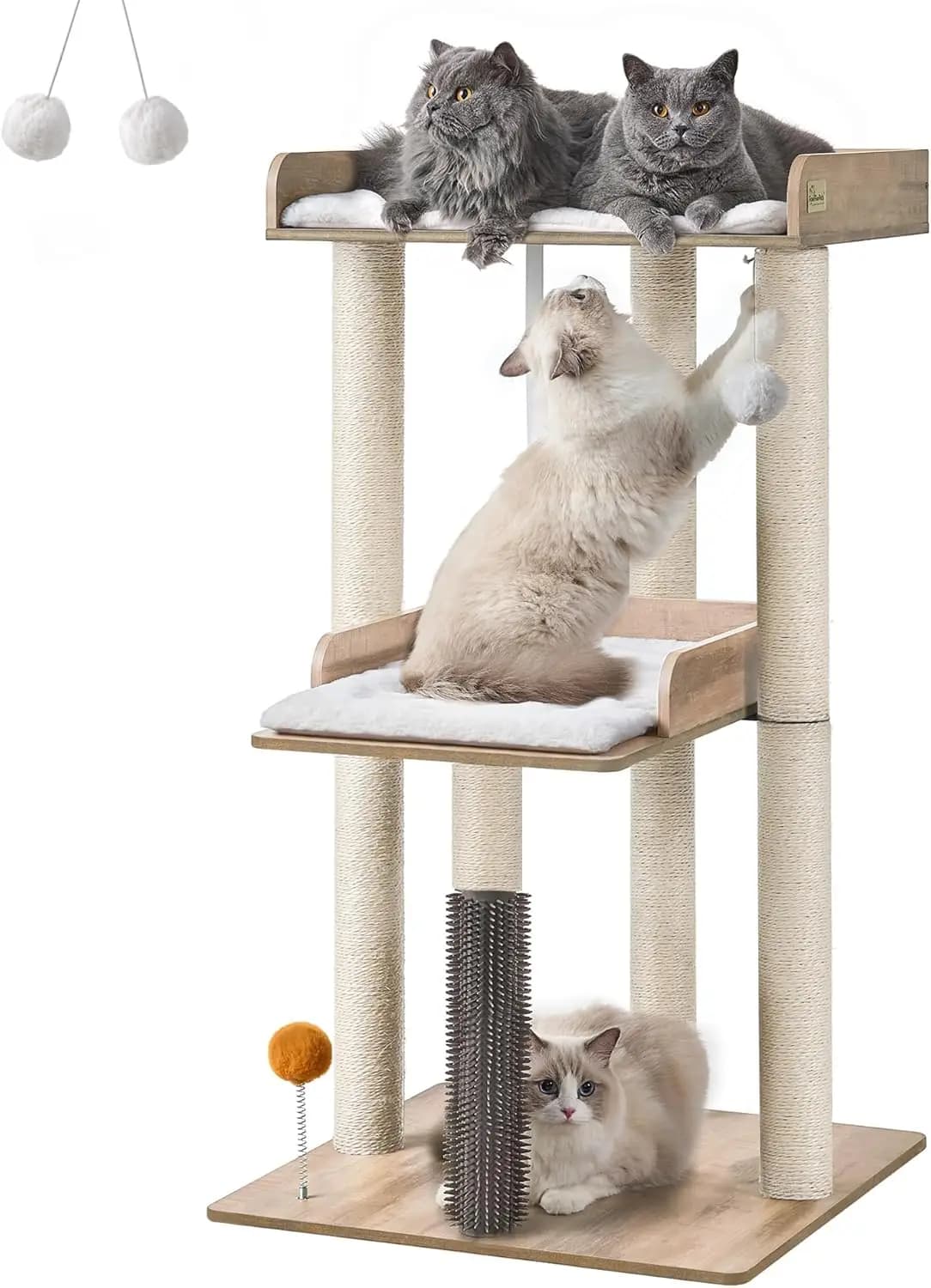 Albero per Gatti Moderno per Gatti di Taglia Grande da Interno, 111 cm con Tiragraffi e Cuscini Rimovibili in Grigio Greige