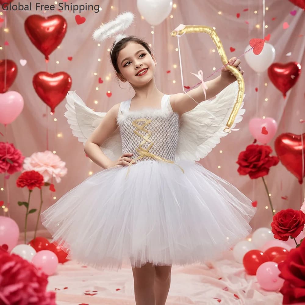 Costume da spettacolo per bambini per la festa di San Valentino Adorabile ragazza Angelo Cupido Cuore Arco e ali di freccia Set Abito da gioco di ruolo