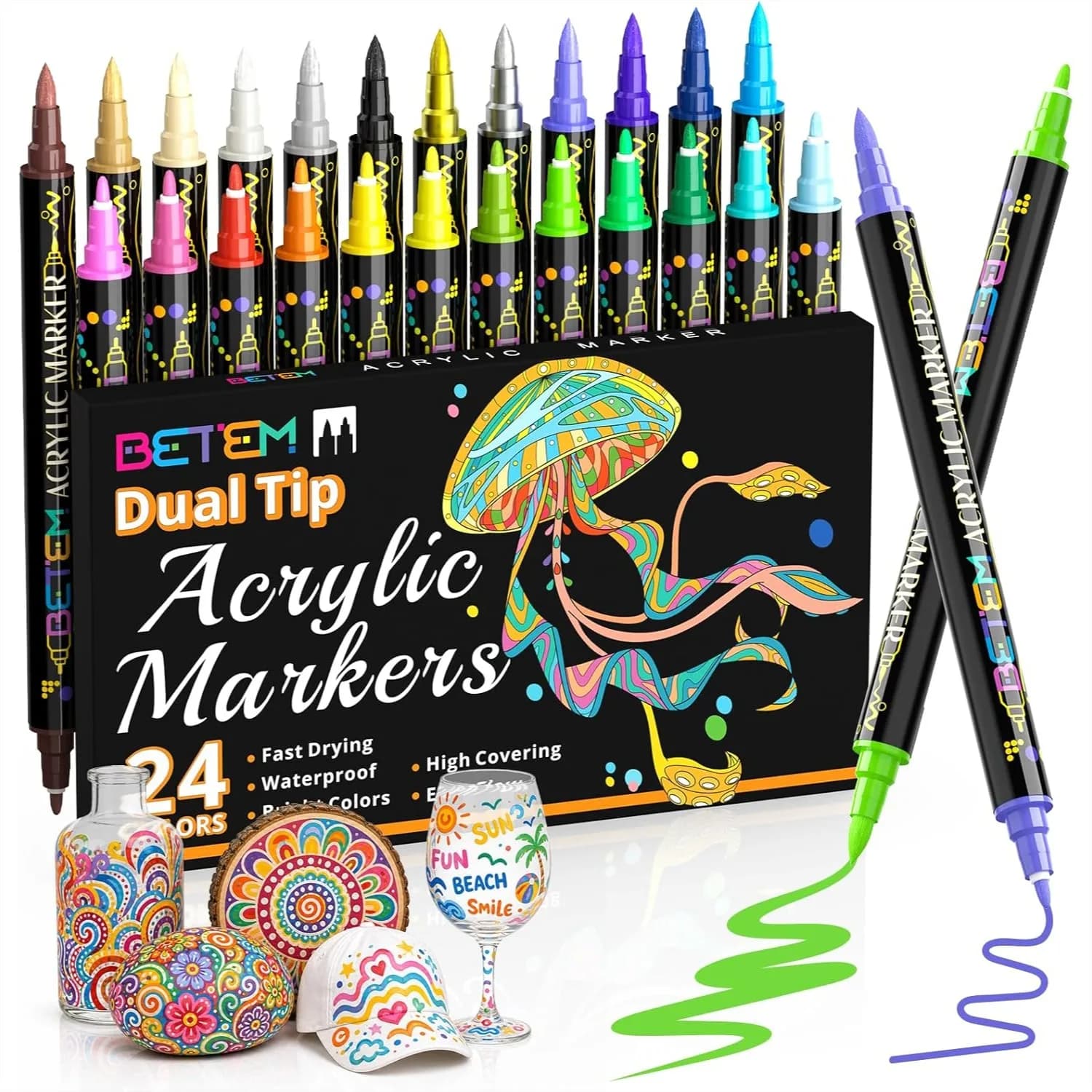 24 Colors Dual Tip Acrylic Paint Pens For Glass Fabric Wood Rock Canvas Art Supplies