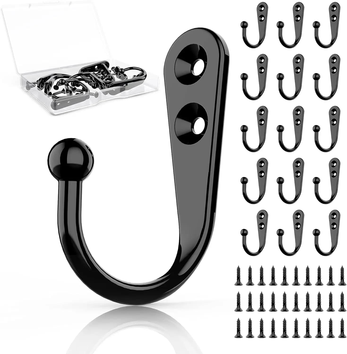 15pcs Black Wall Mounted Coat Hooks with Screws for Hanging Hats, Towels, Keys, Robes, Coats, and Bags