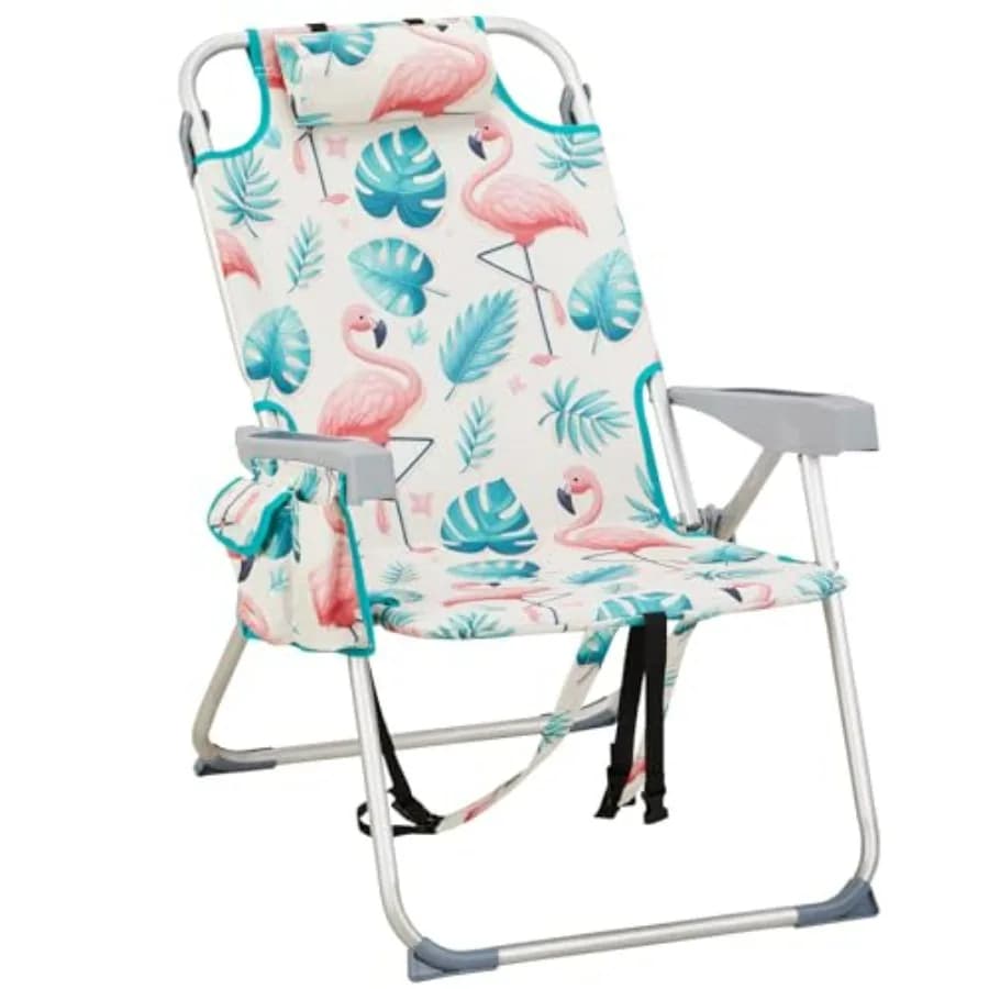Aluminum Backpack Beach Chair for Adults, Portable Lightweight Reclining Beach Chair with Headrest Side Pocket, Lay Flat Beach