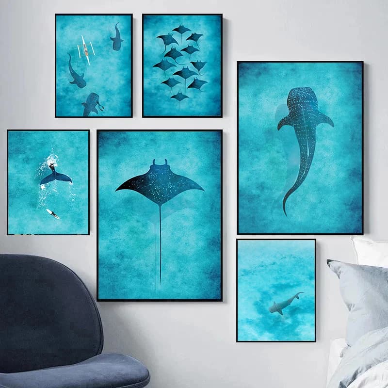Poster Blu Acquerello con Organismi Marini, Squalo Balena, Pesci Manta, Arte Murale con Diamanti per Decorazione Casa e Stanza