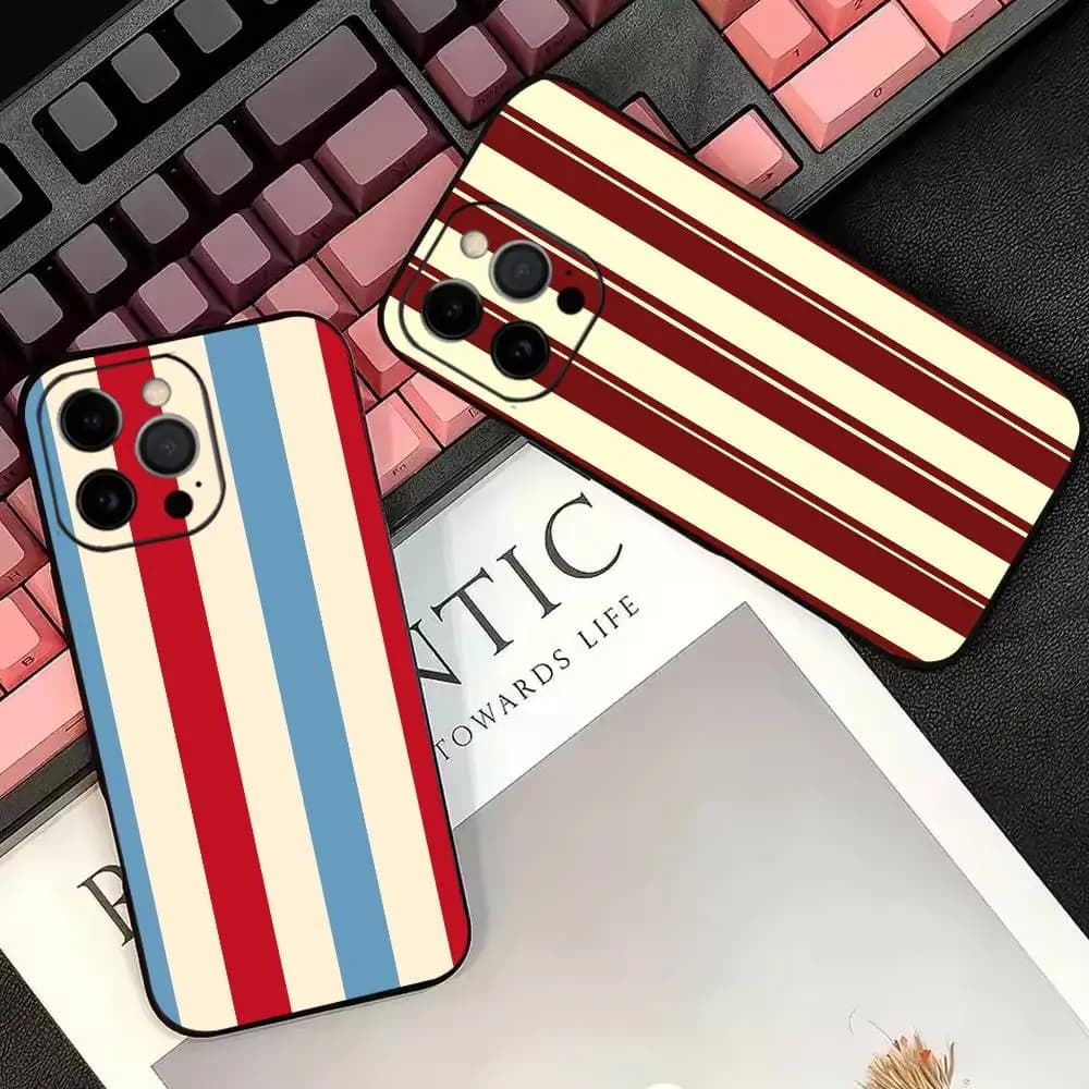 Retro Cherry Stripe Phone Case For iPhone 17,16,15,14,13,12,11 Plus,Pro Max,XS,Soft Silicone Black Cover