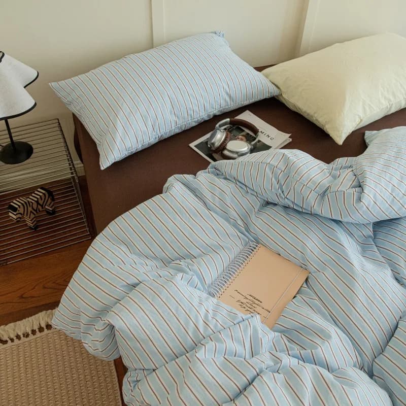 Set di Biancheria da Letto INS per Ragazze, Lenzuola a Righe in Morbido Cotone Lavato, Set Copripiumino Queen/King Size, Set Copripiumino con Federe, Biancheria da Letto