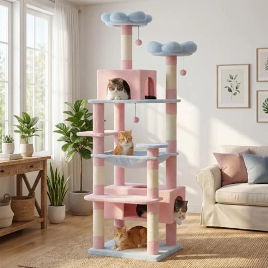 Albero per Gatti a Forma di Fiore, 72 Pollici, Grande Torre per Gatti con Struttura in Acciaio, Amaca e 7 Tiragraffi, Albero Alto per Gatti con 2 Cuccette e Posatoio