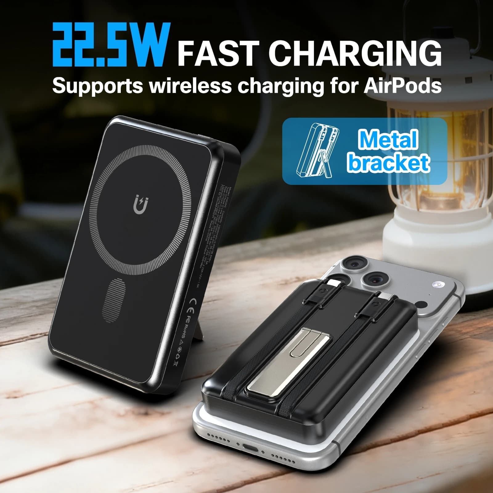 Power Bank Magnetico Wireless da 10000mAh con Ricarica Rapida PD22.5W, Batteria Esterna a Doppia Porta con Type-C Integrato per iPhone, Airpods, Watch