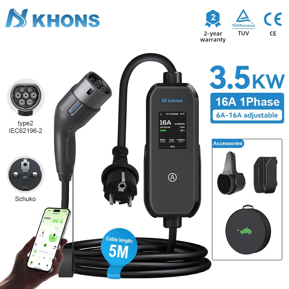 Caricatore EV Portatile Khons Tipo 2 3.5kw EVSE con Cavo di Ricarica 5M GBT J1772 Wallbox Controllo Wireless WiFi APP Bluetooth