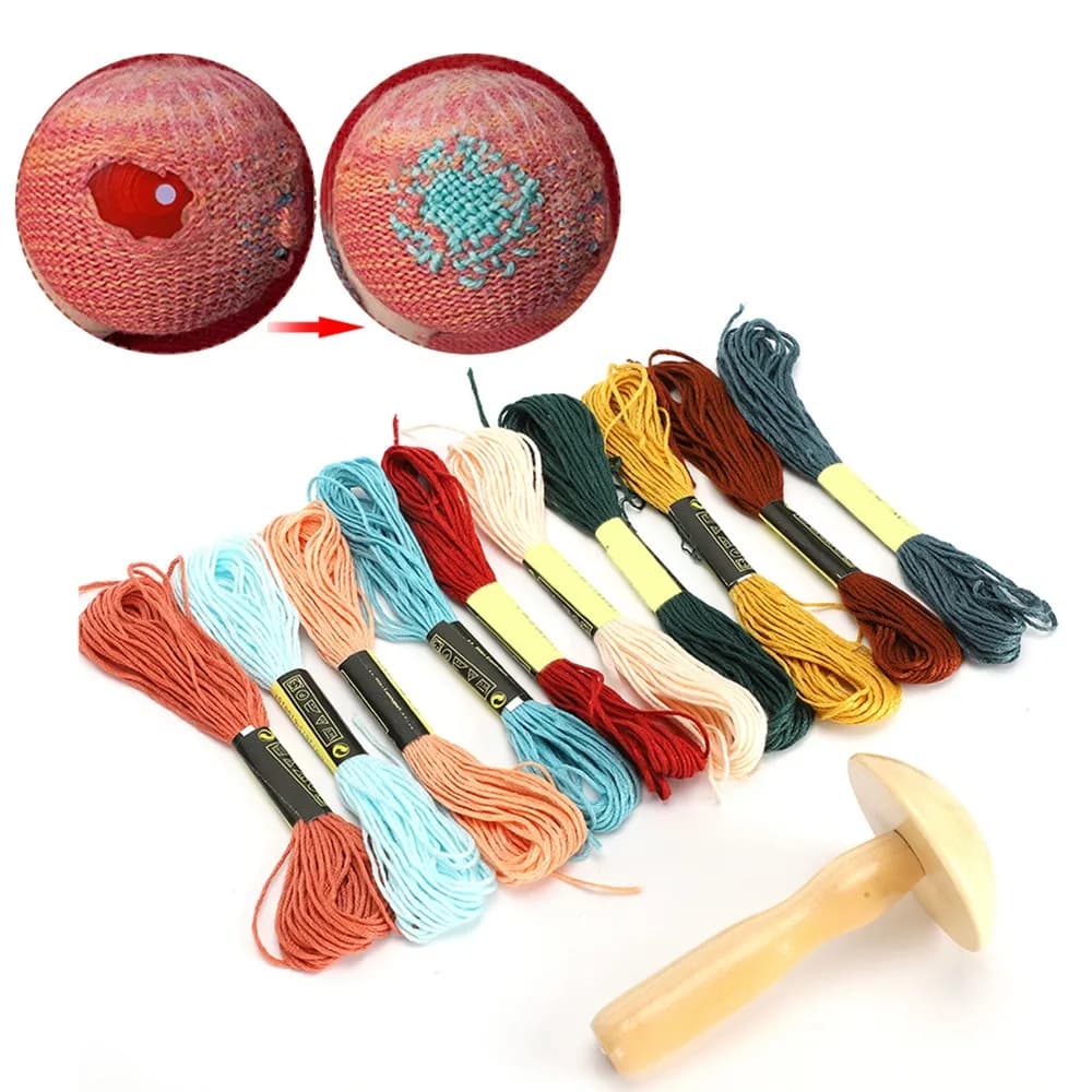 Kit di Forniture per Cucito a Mano in Legno Colorato, Filo di Cotone Arcobaleno per Cucito e Riparazioni, Fili per Patchwork a Forma di Fungo, Artigianato Domestico