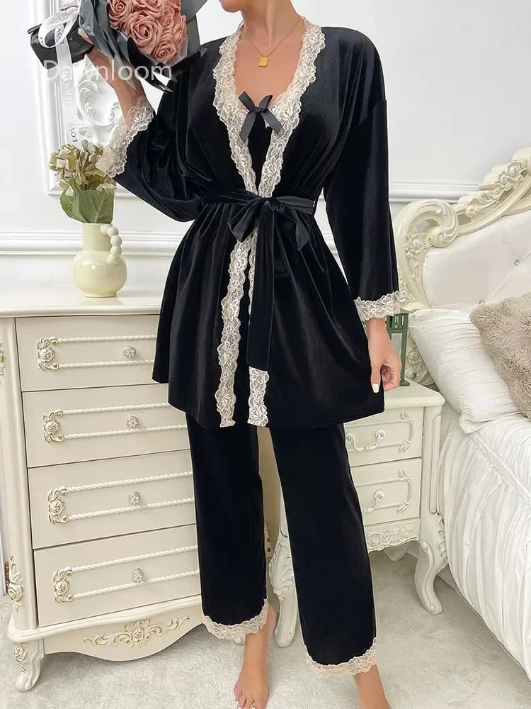 Black velvet lace court-style nightgown set for women strap-wrapped corseted long-sleeved pants luxury home wear three-piece set