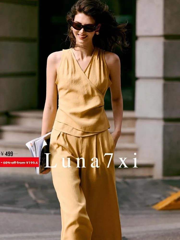 Completo due pezzi da donna Luna7xi in cotone e lino giallo, nuovo set estivo con gilet con cintura e pantaloni a gamba larga, stile alla moda per il commuting