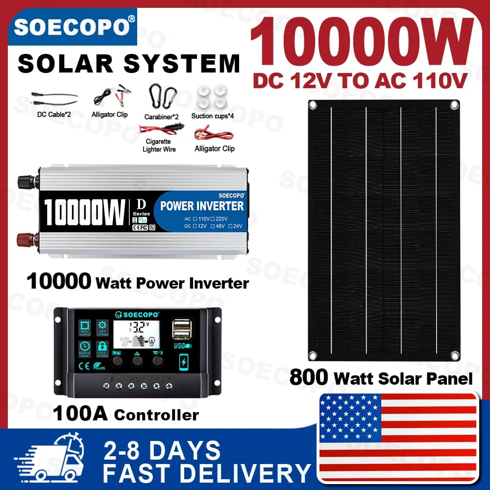 (Stock USA) SOECOPO Sistema di centrale solare da 10000 W Pannello da 800 W Controller 100 A Convertitore da 12 V a 110 V per campeggio RV Casa
