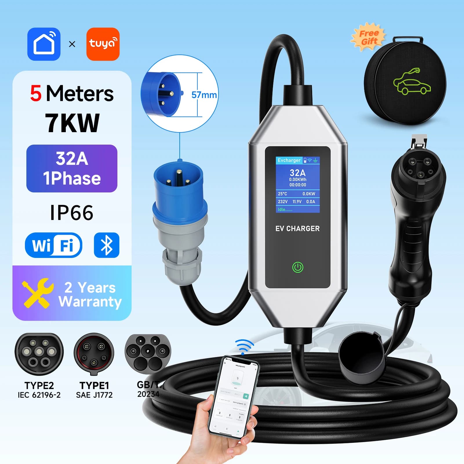 Portable EV Charger 7KW Type1/Type2 Cable 32A Quick Charging with EEC Plug GB/T APP Bluetooth WiFi IEC62196-2 remote control