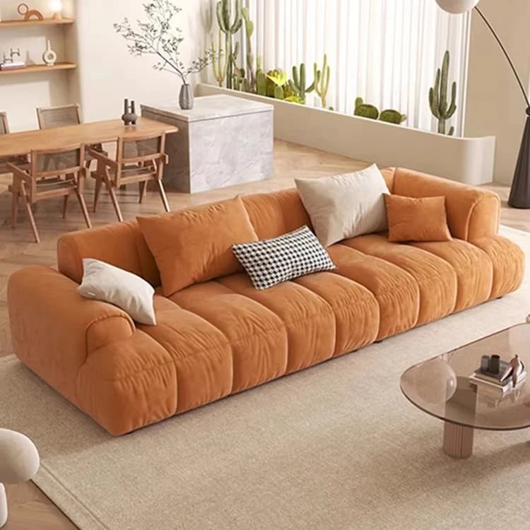 Divano a 2 Posti Grande, Semplice e Minimalista in Legno e Velluto Crema, Modulo WindTofu, Contemporaneo per Soggiorno, Imbottitura in Spugna