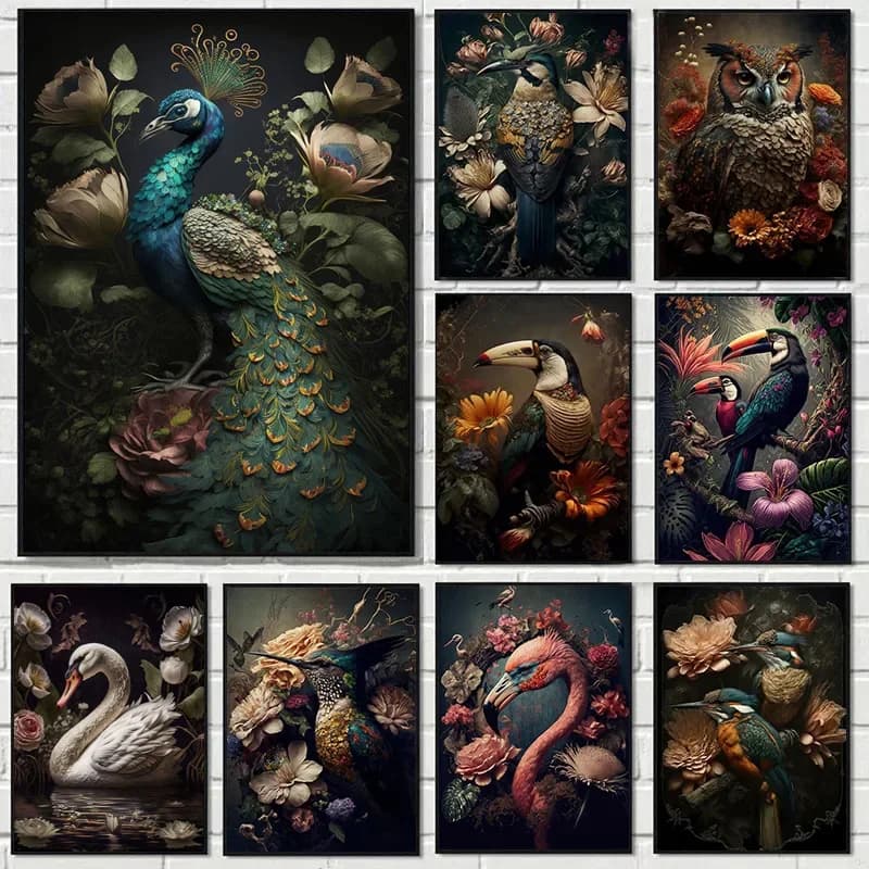 Vintage Birds In Jungle Flowers Canvas Painting Poster Print, Featuring Peacock, Toucan, Parrot, Flamingo, Owl, Ideal Wall Ar