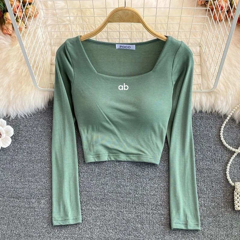 Women Korean Fashion Square Neck Long Sleeve T‑Shirt Built‑In Bra Slim Fit Cropped Casual Autumn Basic Layering Top