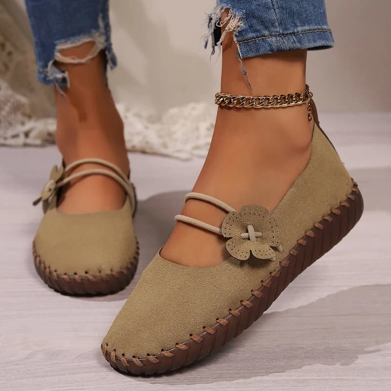 Women's Fashion Suede Mary Jane Flats - Khaki with Flower Applique Slip-On Comfortable Casual & Daily Walking Shoes
