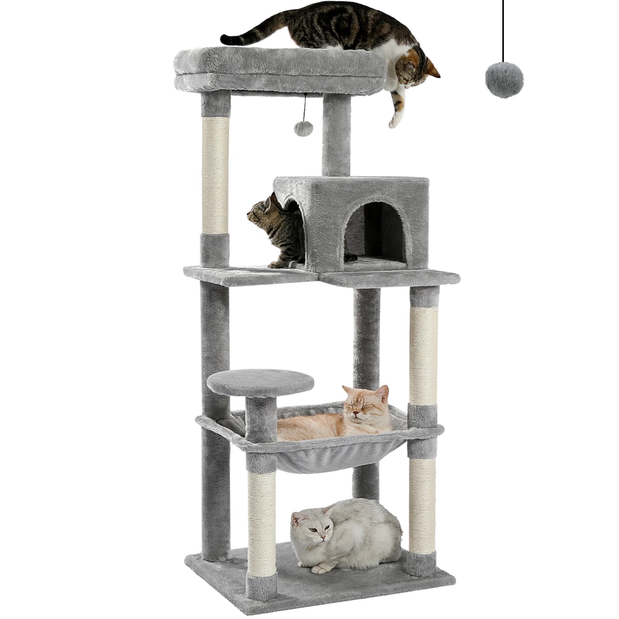 Albero per gatti per gatti da interni Torre per gatti a 5 livelli per gatti di grandi dimensioni con grande amaca Tiragraffi coperti in sisal Accogliente posatoio superiore per condo