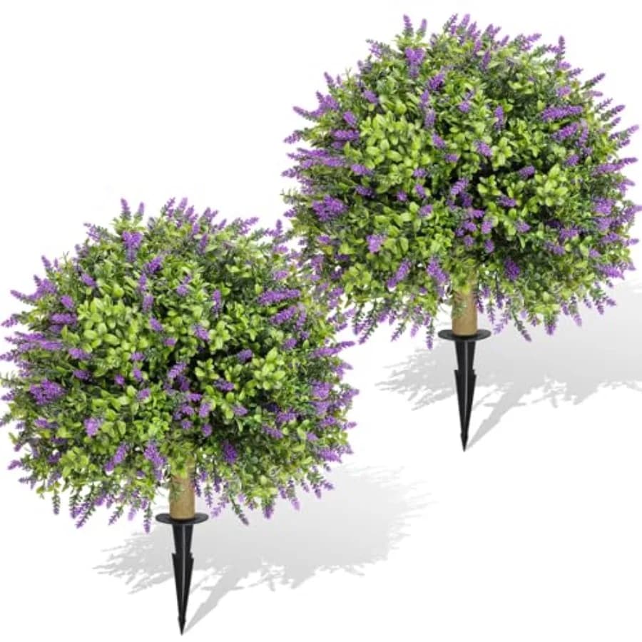 Set of 2 Artificial Lavender Topiary with Spike, Fake Plants Boxwood Balls Greenery Shrubs, UV Resistant Artificial Push in Flo
