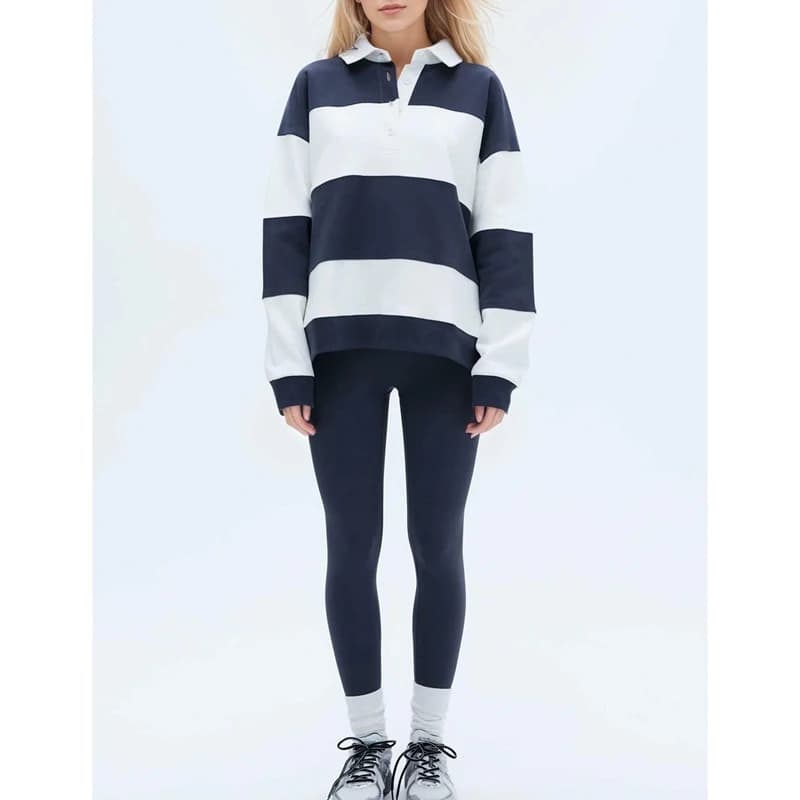 Felpe oversize da donna con colletto con risvolto e bottoni Manica lunga Y2k Pullover larghi a righe con colori a contrasto T-shirt da rugby preppy