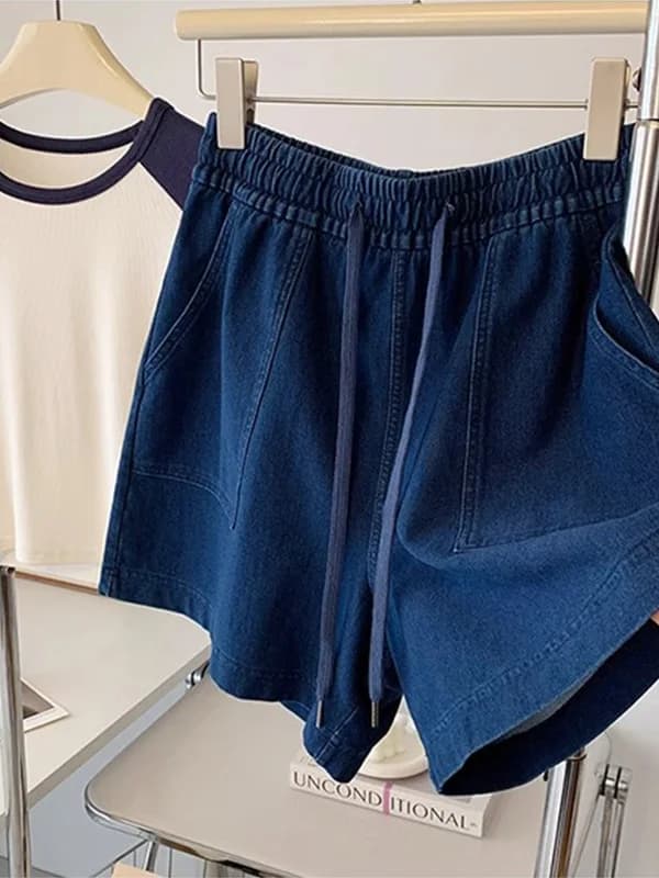 Shorts in denim a vita alta con coulisse da donna, pantaloni estivi sottili a gamba larga, pantaloni a cinque punte, taglie forti da donna